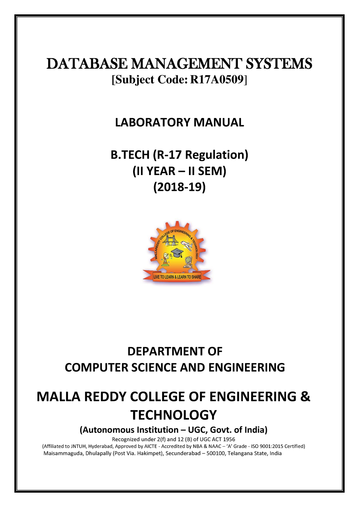 DBMS LAB Manual - DATABASE MANAGEMENT SYSTEMS [Subject Code: R17A0509 ...