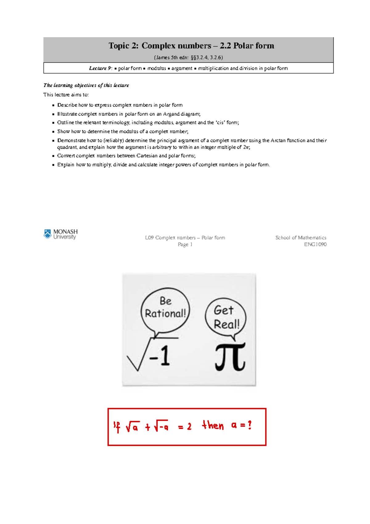 Lecture 9 - Vectors - Topic 2: Complex numbers – 2 Polar form (James ...