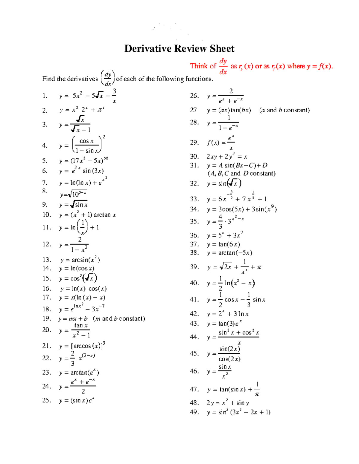 150 Practice Problems Mastery - MAT220 Handout Spring 2006 Derivative ...