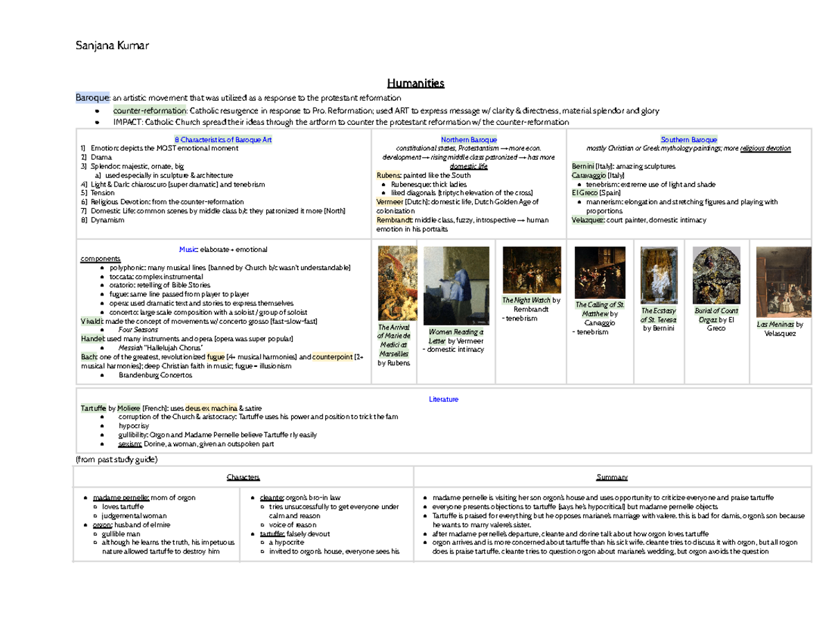 Humanities II Semester Review - Humanities Baroque: An Artistic ...