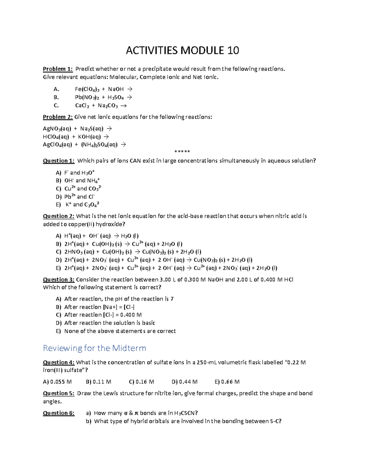 Module 10 Practice Questions - Stoichiometry + Midterm Practice ...