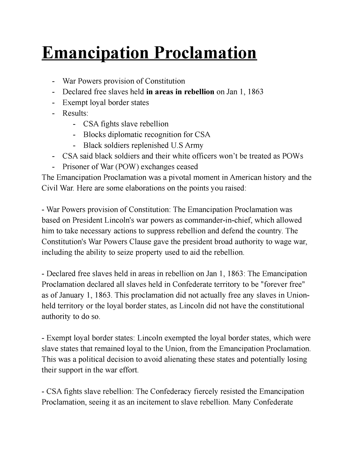 essay questions emancipation proclamation
