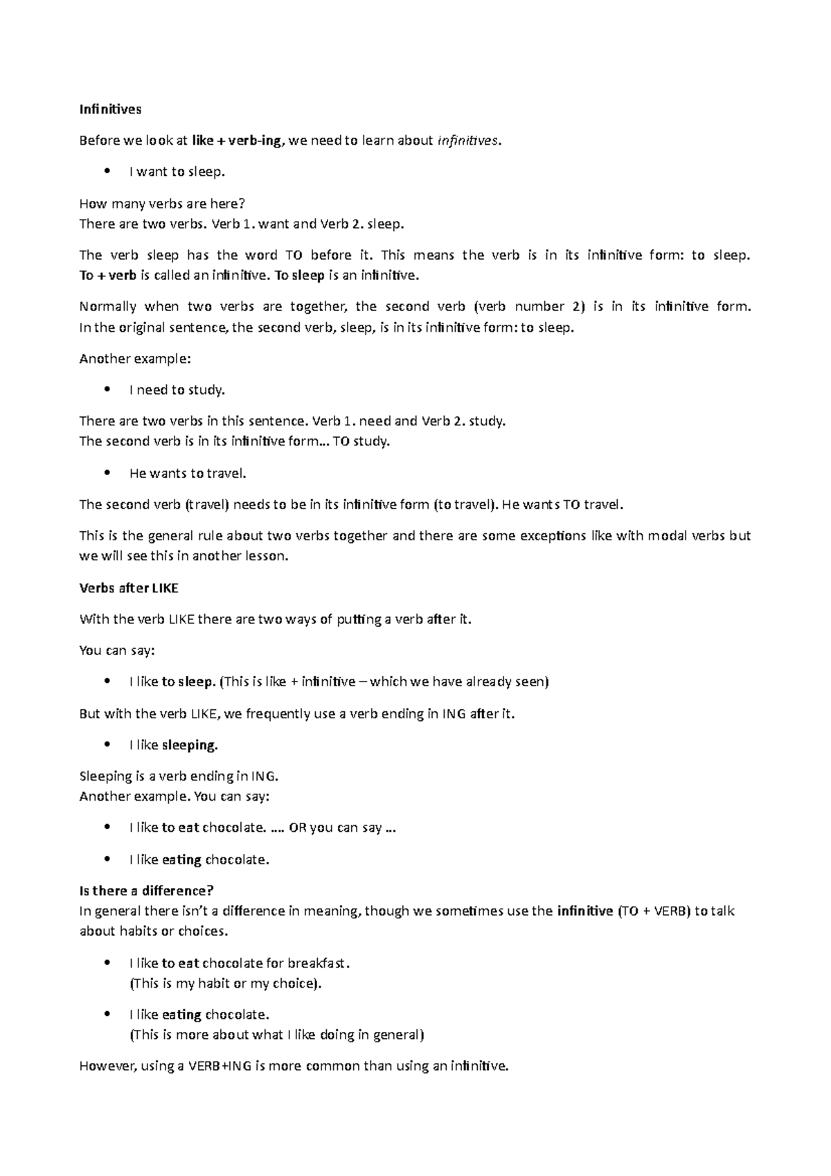 Infinitives and like - The verb 