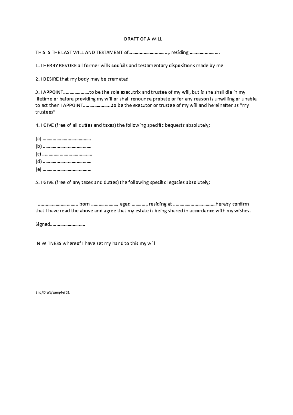 Sample Draft OF A WILL - DRAFT OF A WILL THIS IS THE LAST WILL AND ...