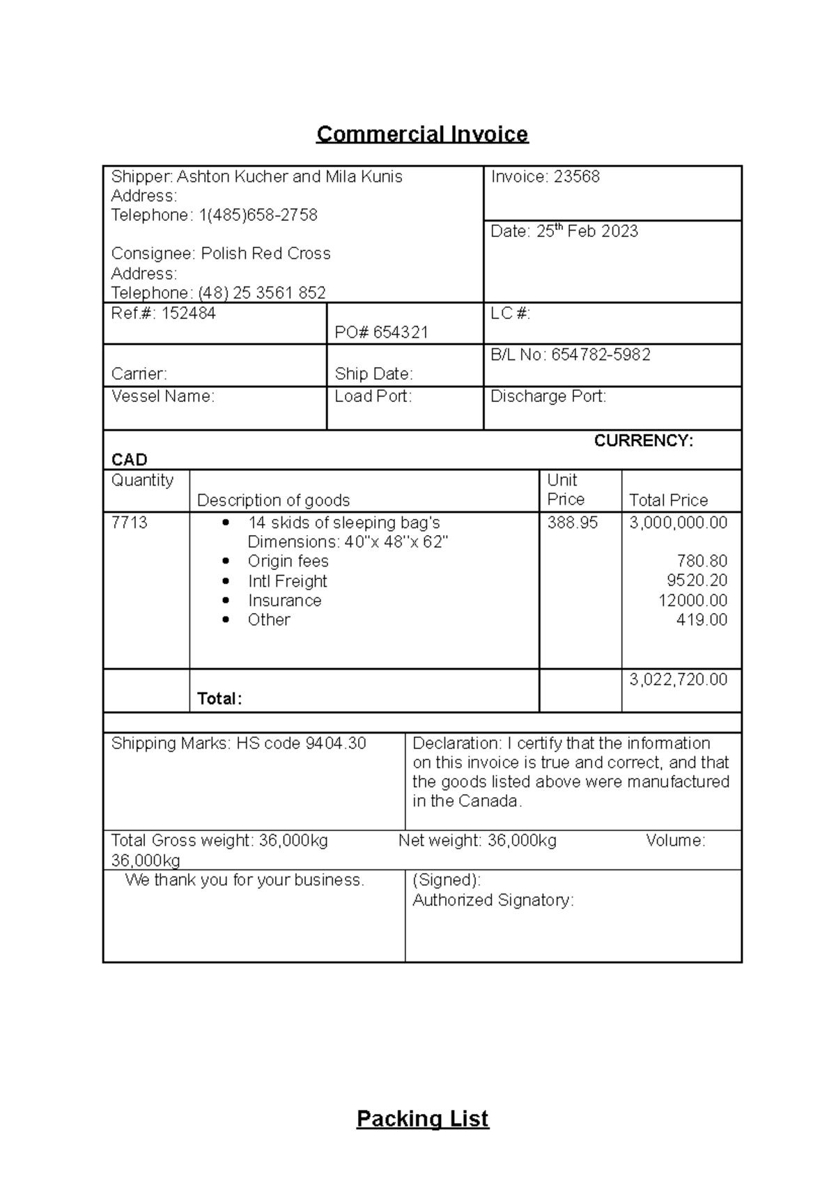 Blank Export Documents - Commercial Invoice Shipper: Ashton Kucher and ...