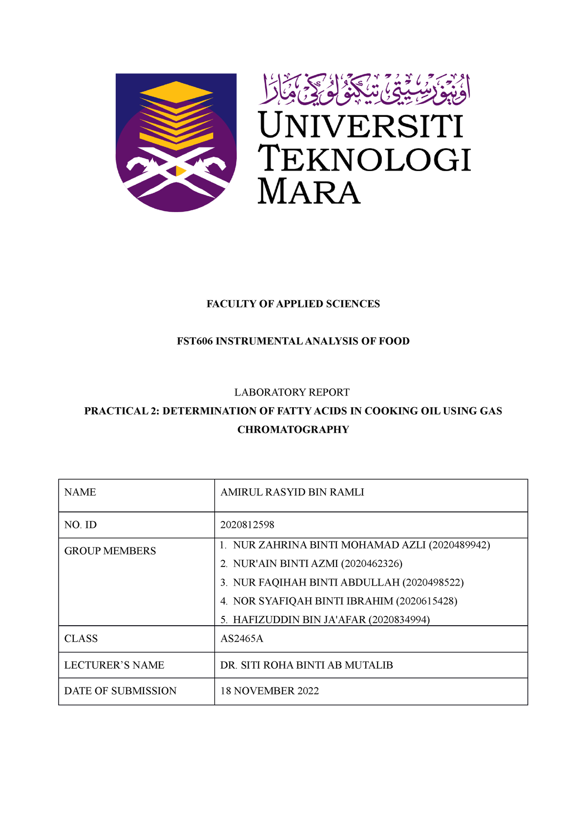 LAB GC - gas chromatography - FACULTY OF APPLIED SCIENCES FST606 ...