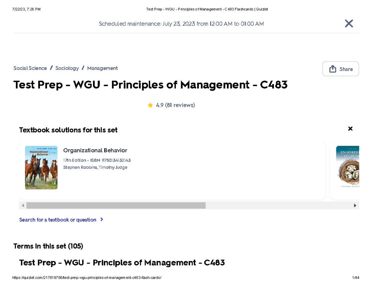 Test Prep WGU Principles of Management C483 Flashcards Quizlet Scheduled maintenance