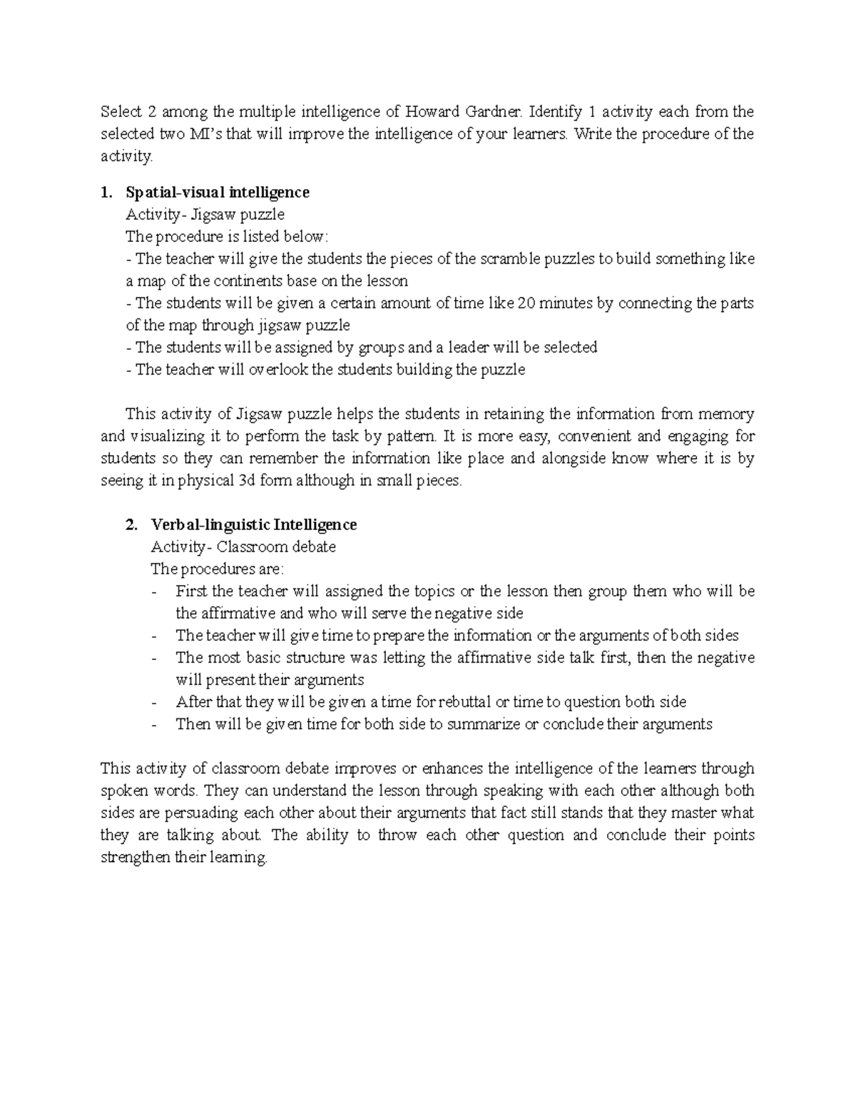 Multiple intelligence of Howard Gardner, sample activity - Select 2 ...