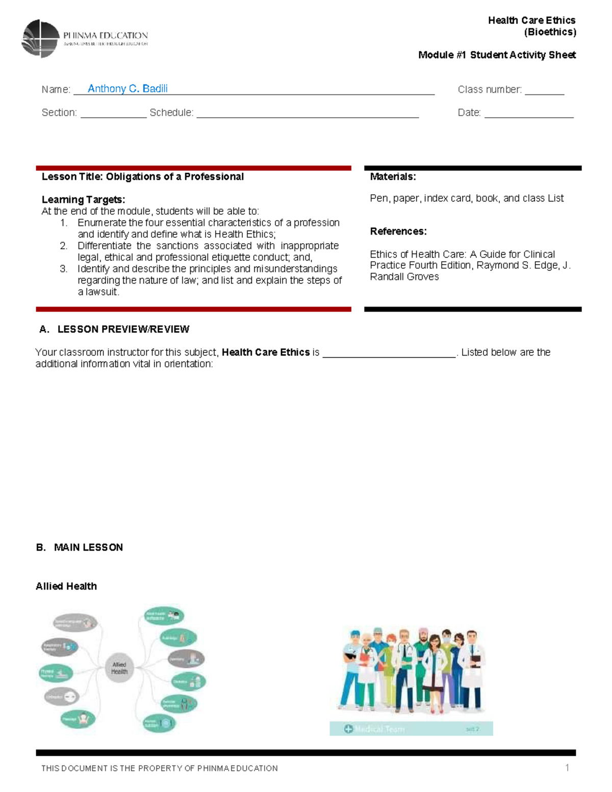 Bioethics Session 1 SAS - (Bioethics) Module #1 Student Activity Sheet ...