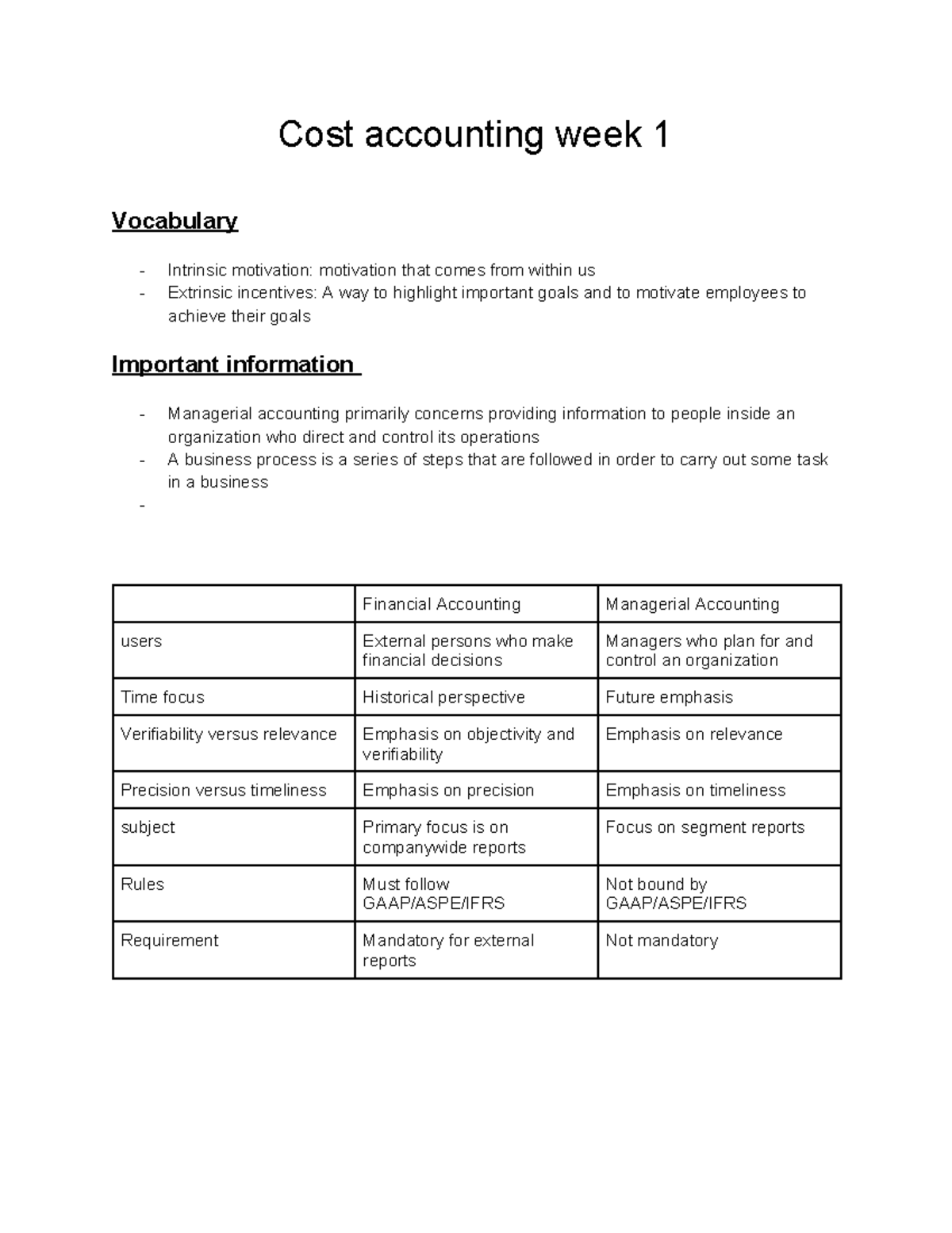 Cost accounting week 1 - notes that were taken in week 1 - Cost ...