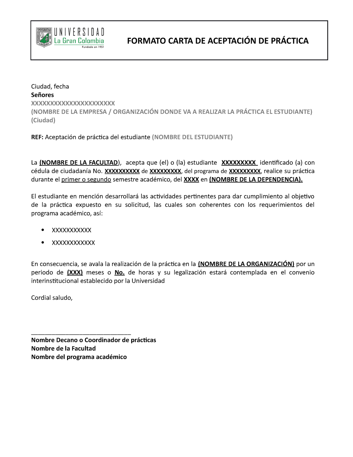 Practicas Profesionales Formato Carta De AceptaciÓn De PrÁctica