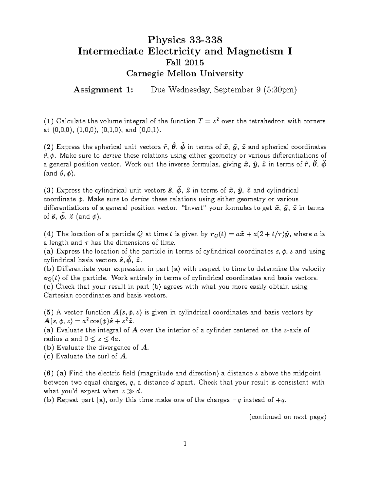 Assignment 01 - Physics 33- Intermediate Electricity and Magnetism I ...