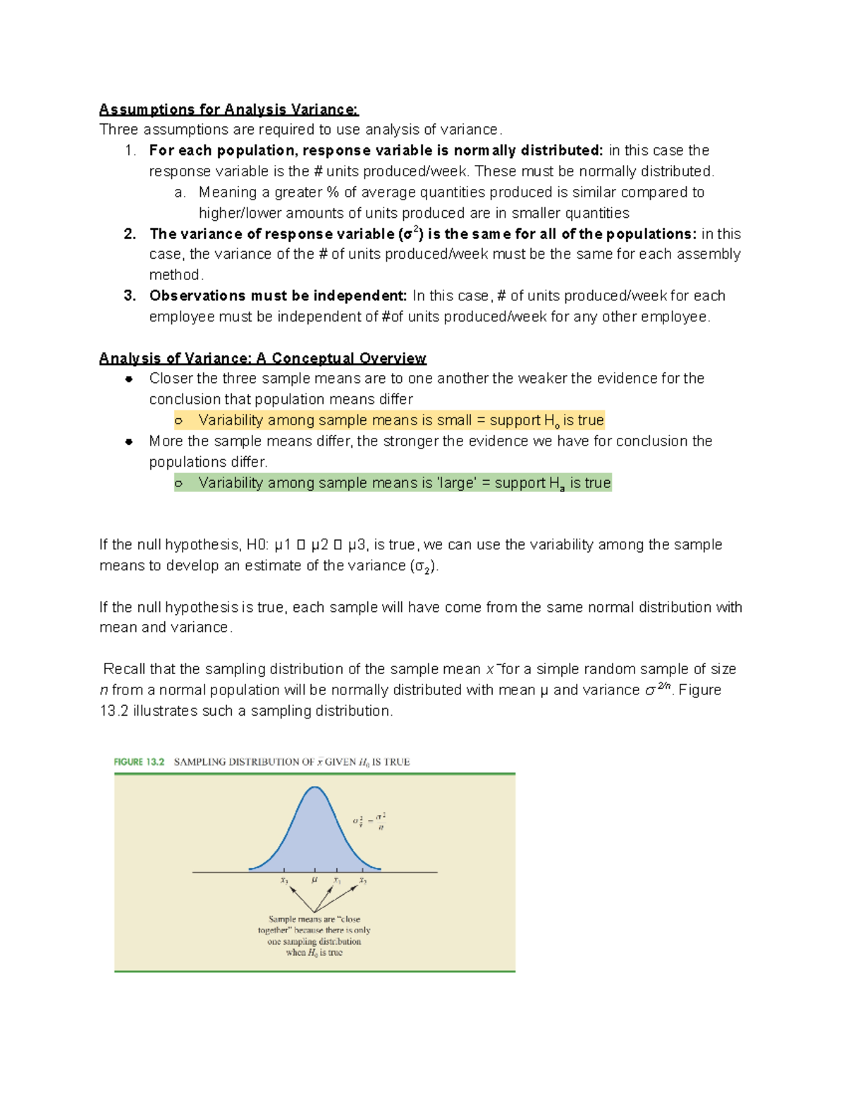 MGSC 312 U2 Notes 2 - Assumptions for Analysis Variance: Three ...