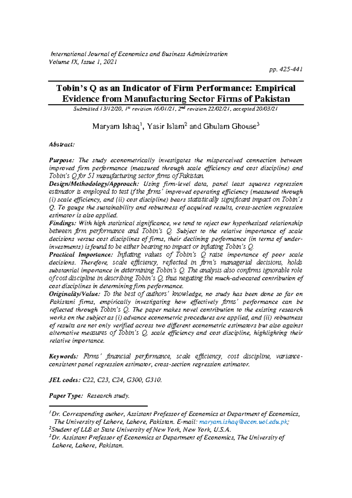 Tobin’s Q as an Indicator of Firm Performance Empirical Evidence from ...