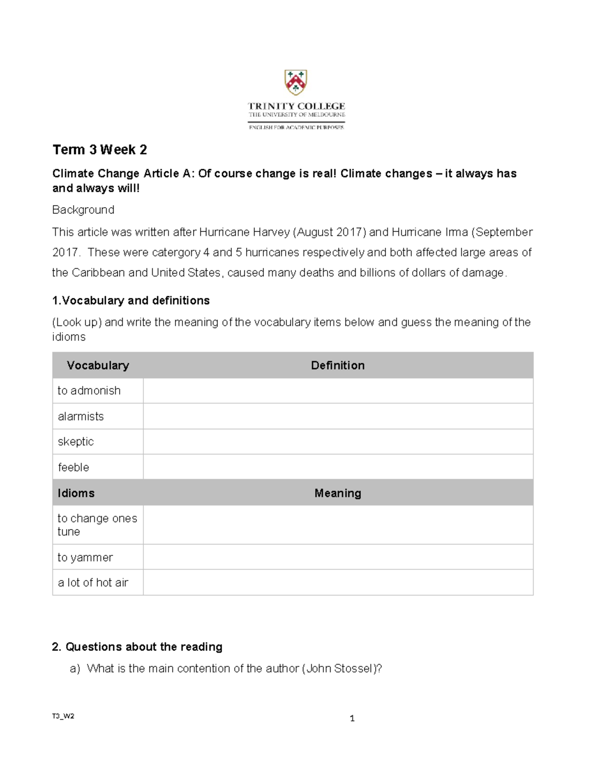 Term 3 Week 2 Climate Change Text A Questions - Term 3 Week 2 Climate ...