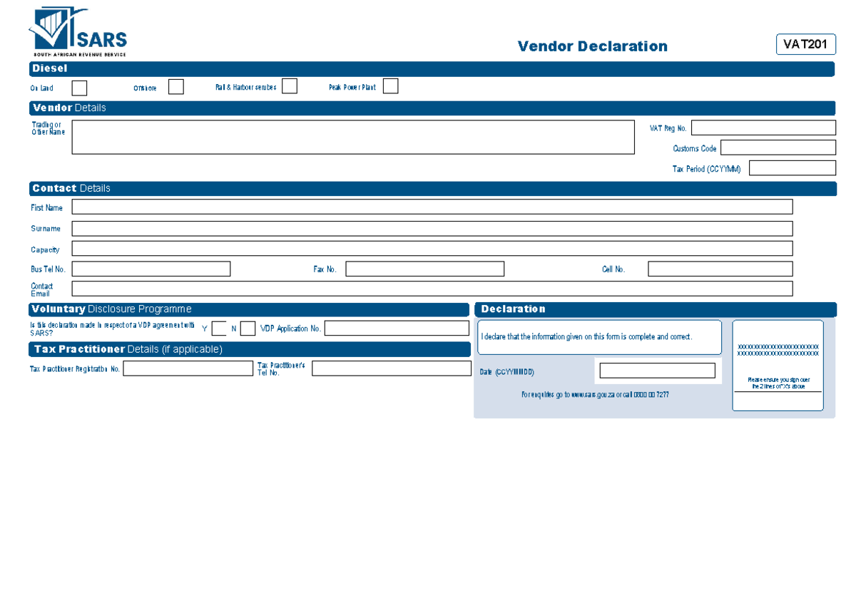 VAT201+Form - Mmm - Vendor Declaration VAT Diesel On Land Offshore Rail ...