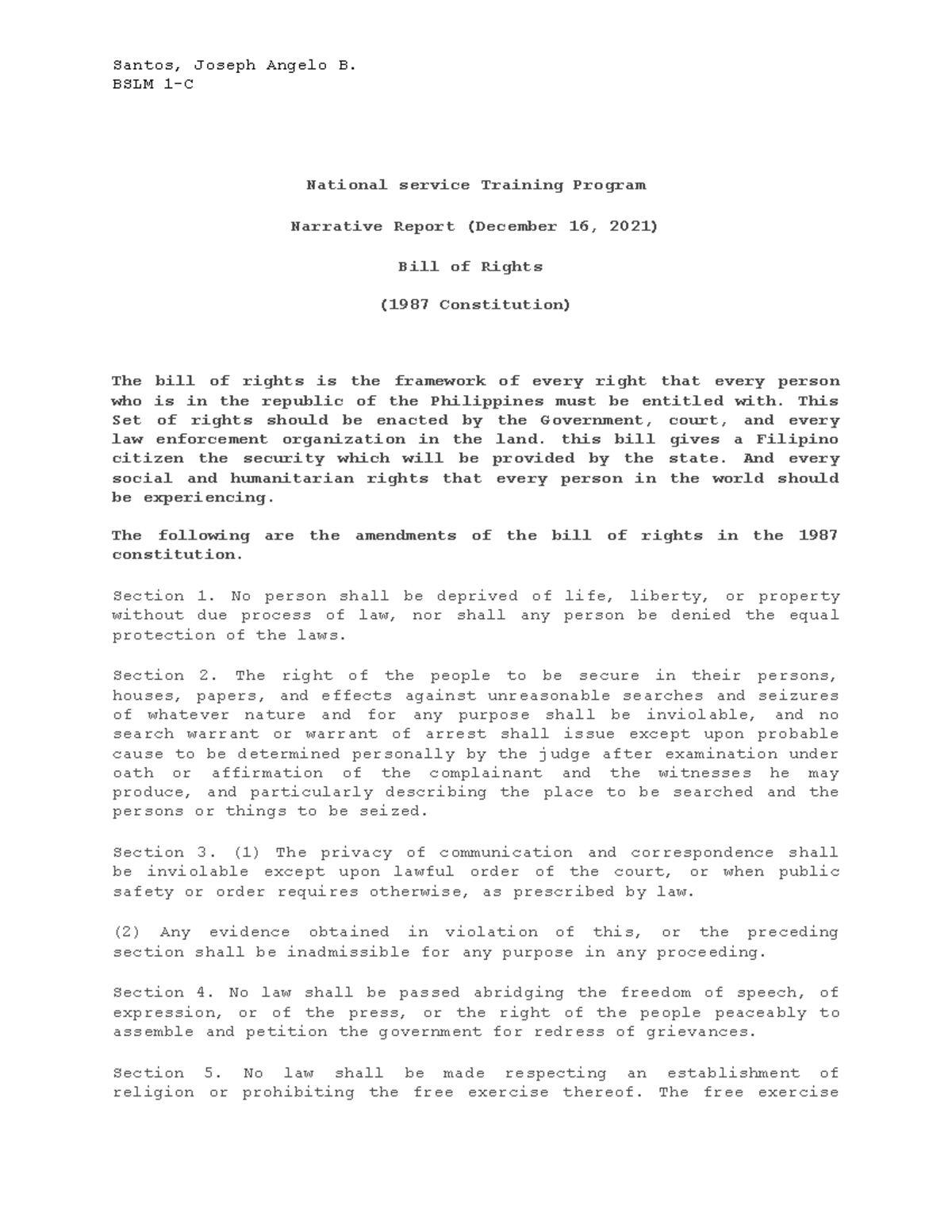 Narrative Report (Bill Of Rights) - BSLM 1-C National Service Training ...