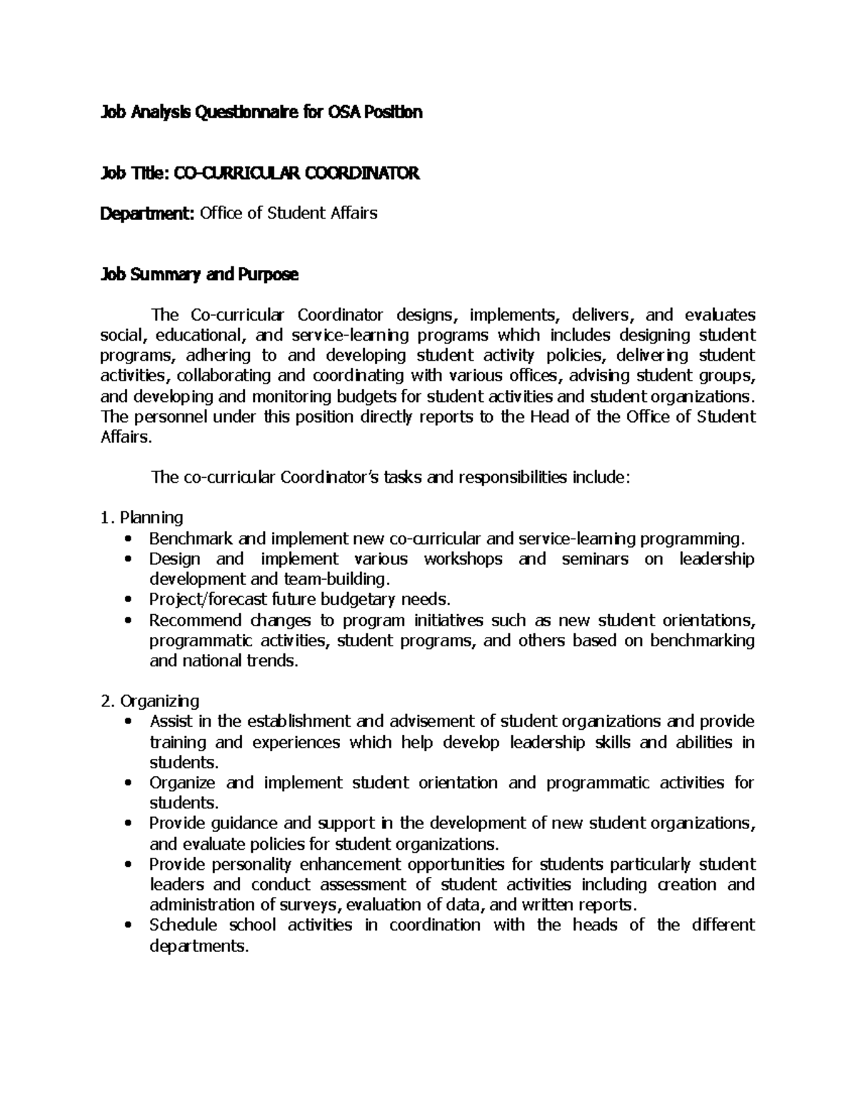 Job Analysis Questionnaire for OSA Position OSA Response - Job Analysis ...