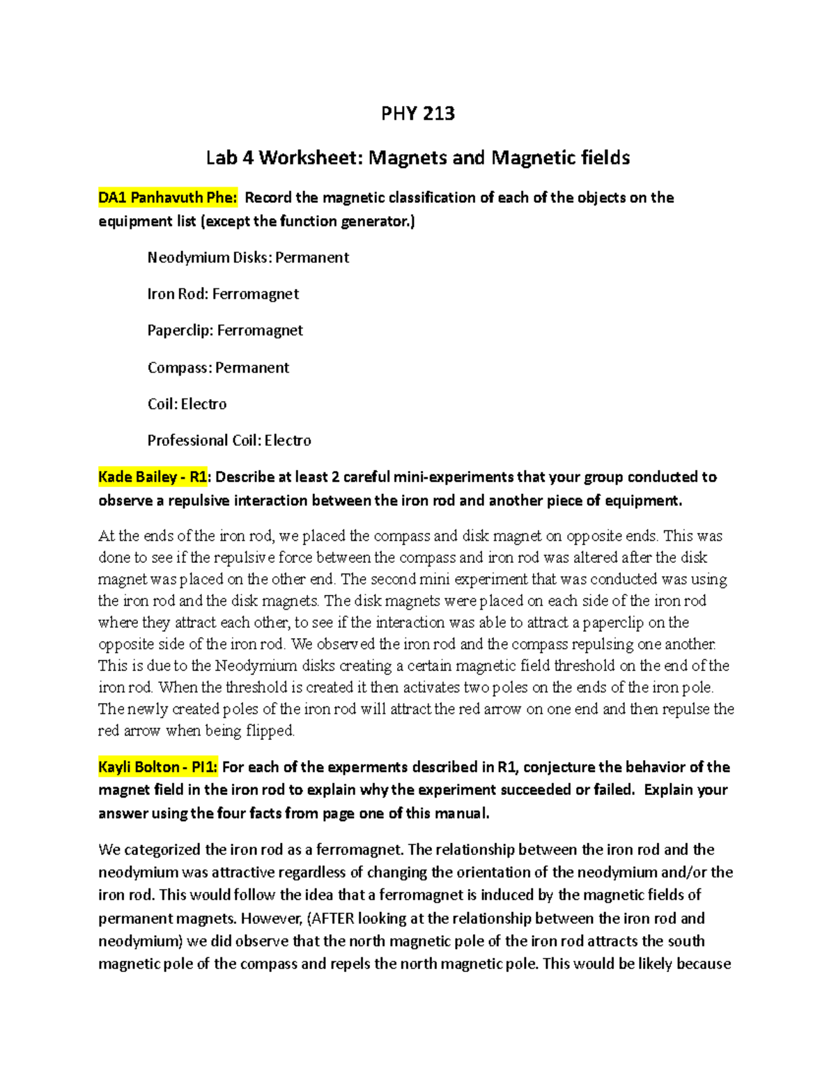 PHY 213 and Field Worksheet PHY 213 Lab 4 Worksheet and