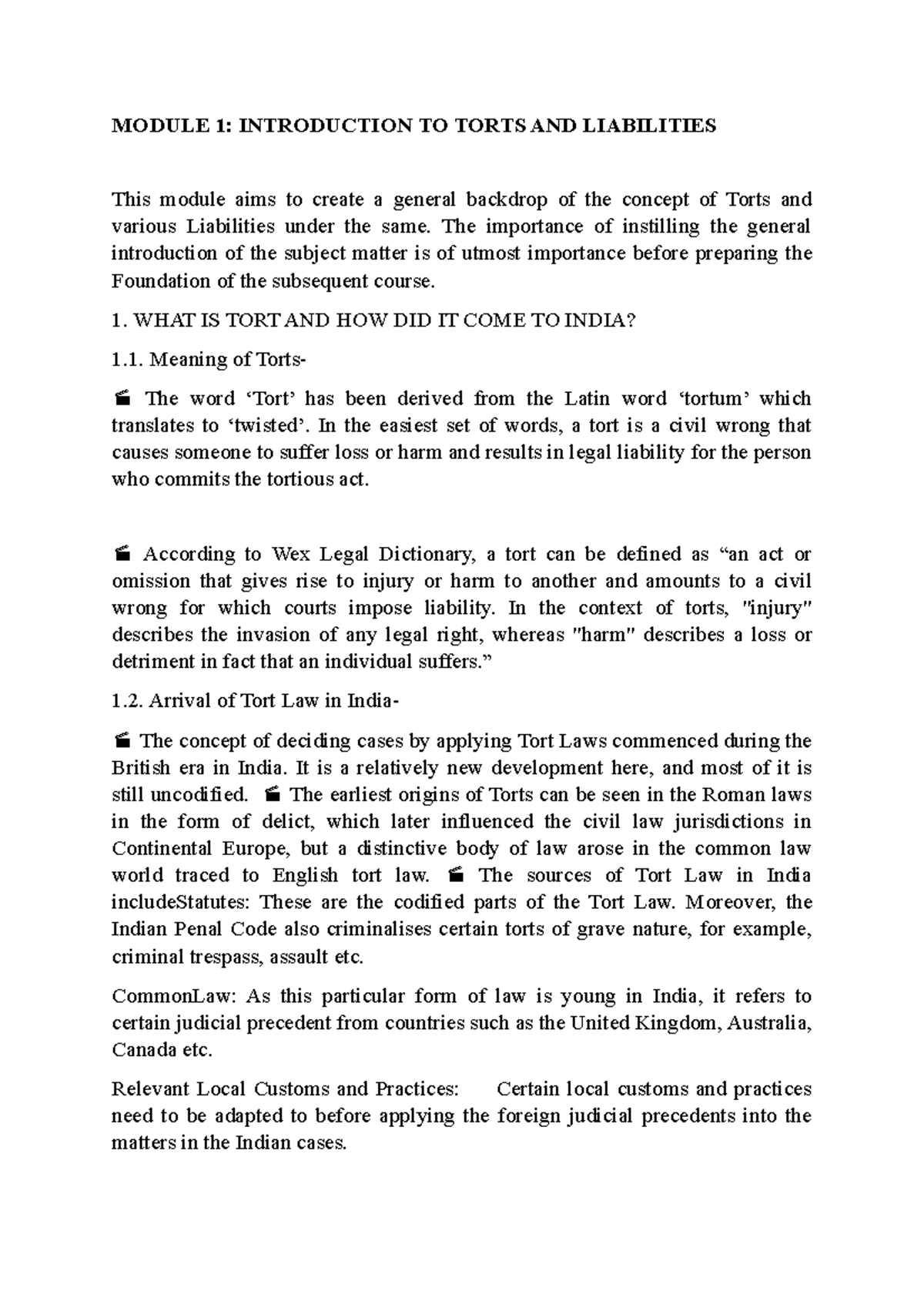 Tort I - Lecture notes 1-2 - MODULE 1: INTRODUCTION TO TORTS AND ...