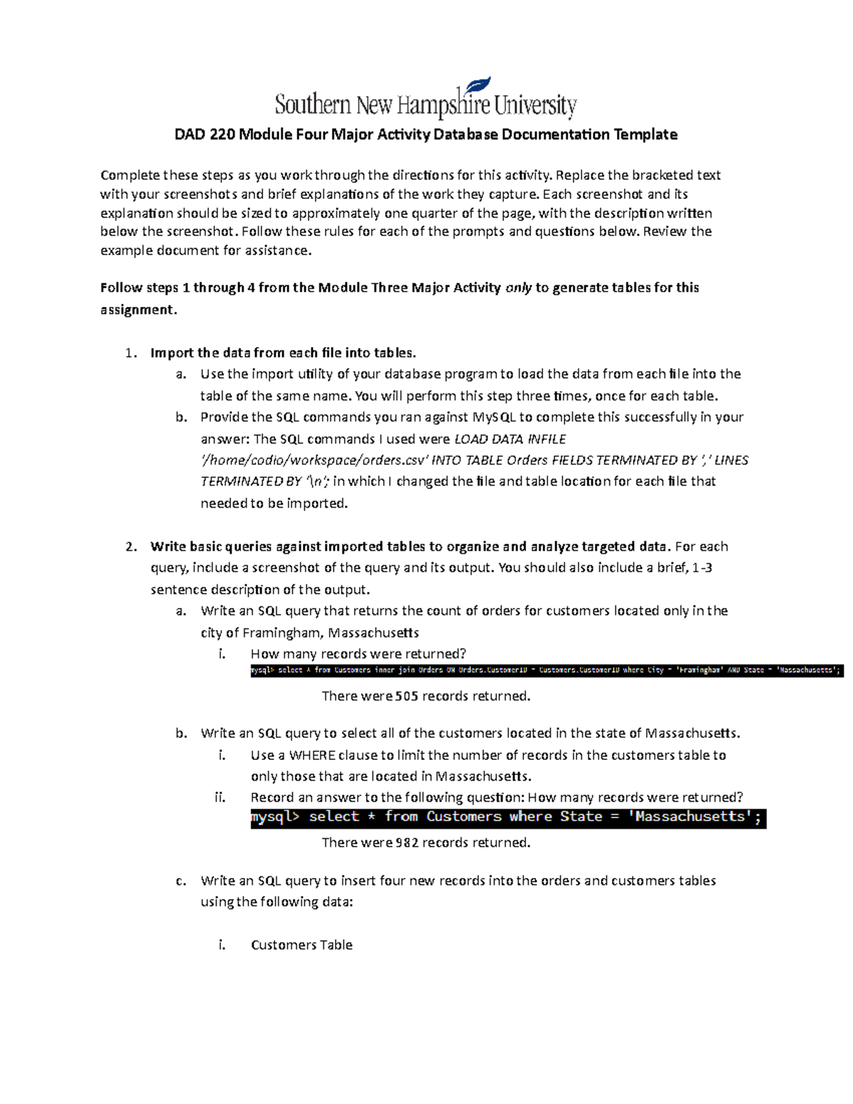 DAD 220 Module Four Major Activity - Replace the bracketed text with ...