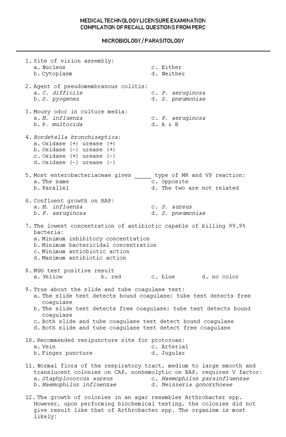 Micro-PARA Compiled Recalls - MEDICAL TECHNOLOGY LICENSURE EXAMINATION ...