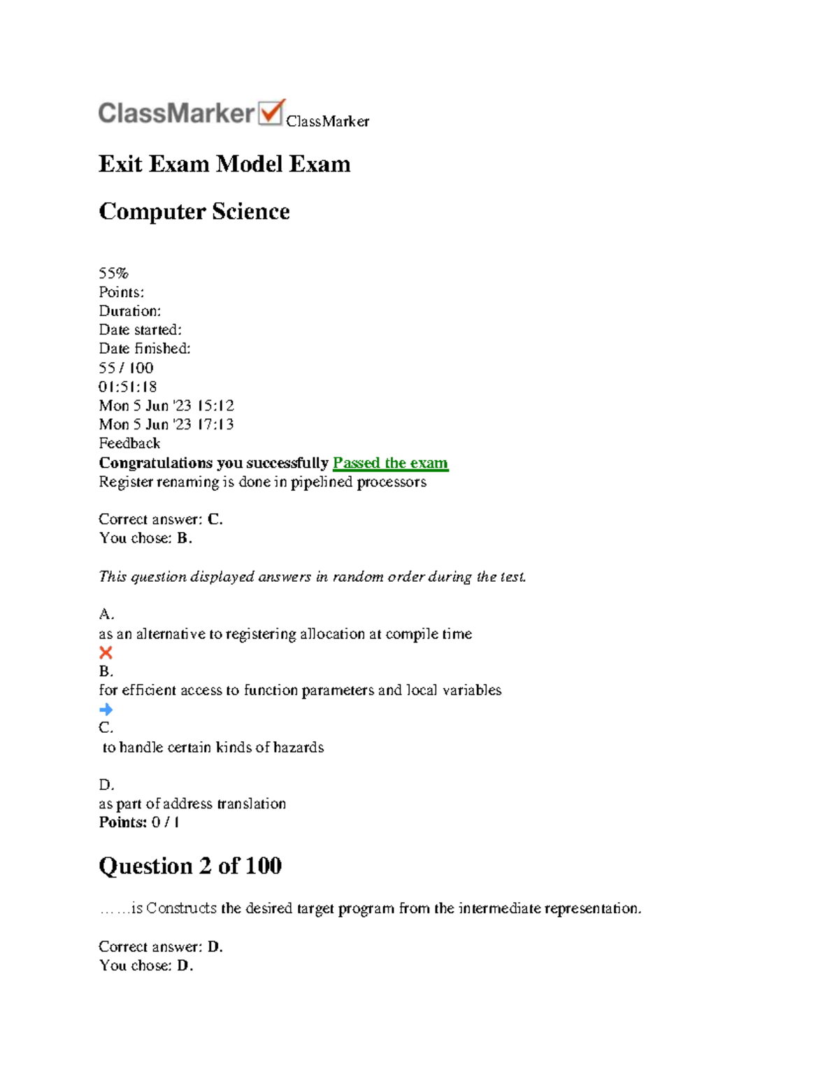 Computer science model - ClassMarker Exit Exam Model Exam Computer ...
