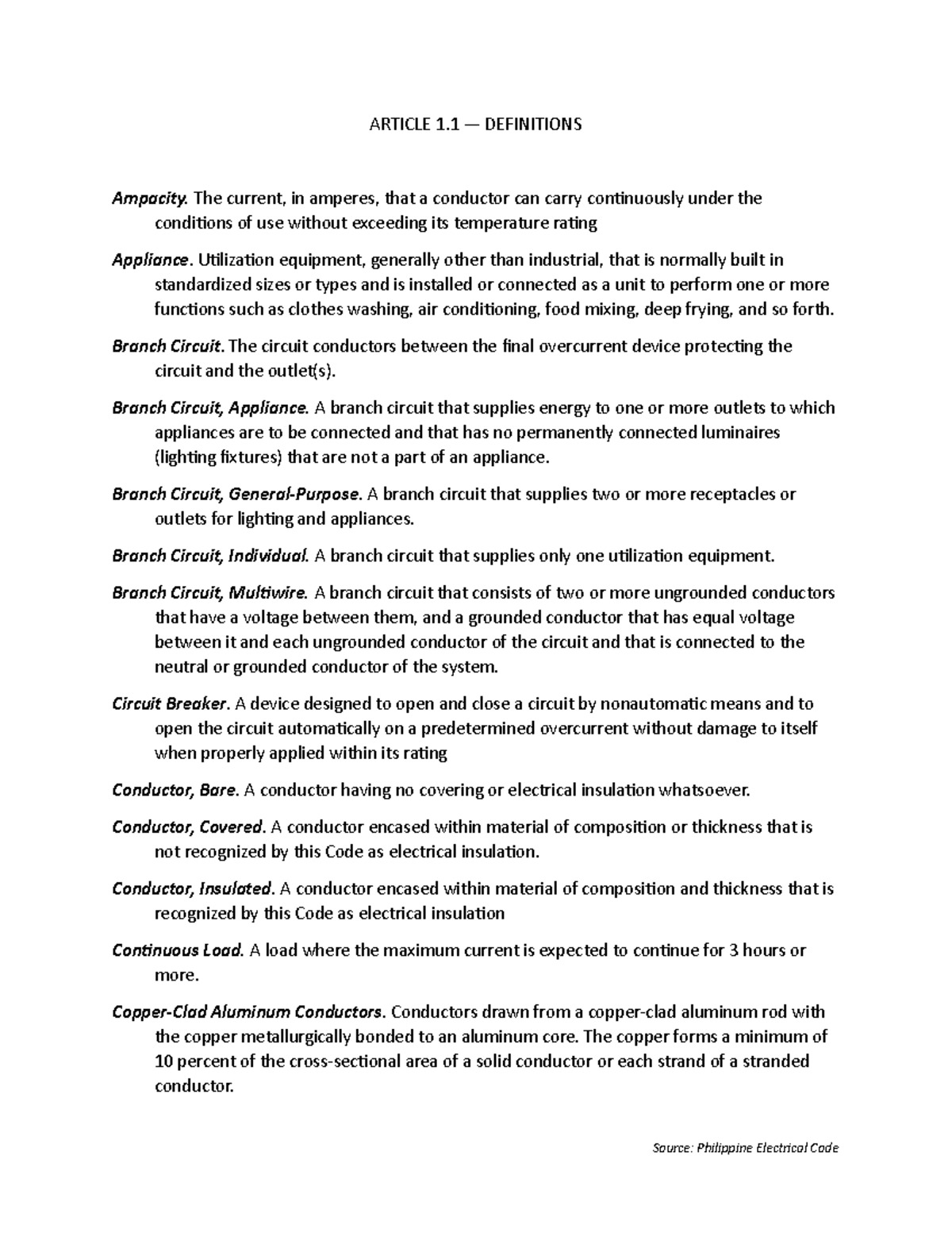 Pec definition of terms 113601 article 1 definitions ampacity the