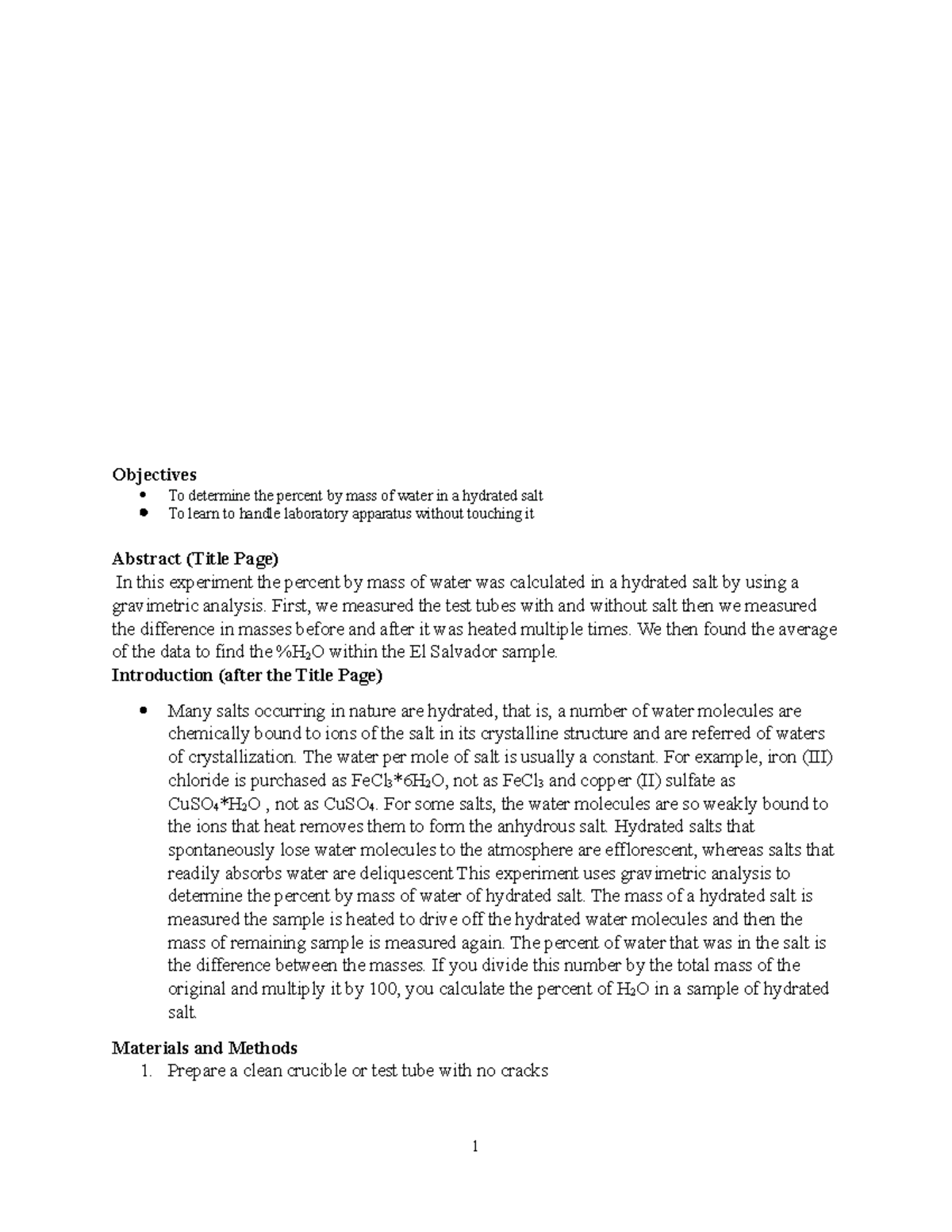 EXP 5 Full lab report Objectives To determine the percent by mass of