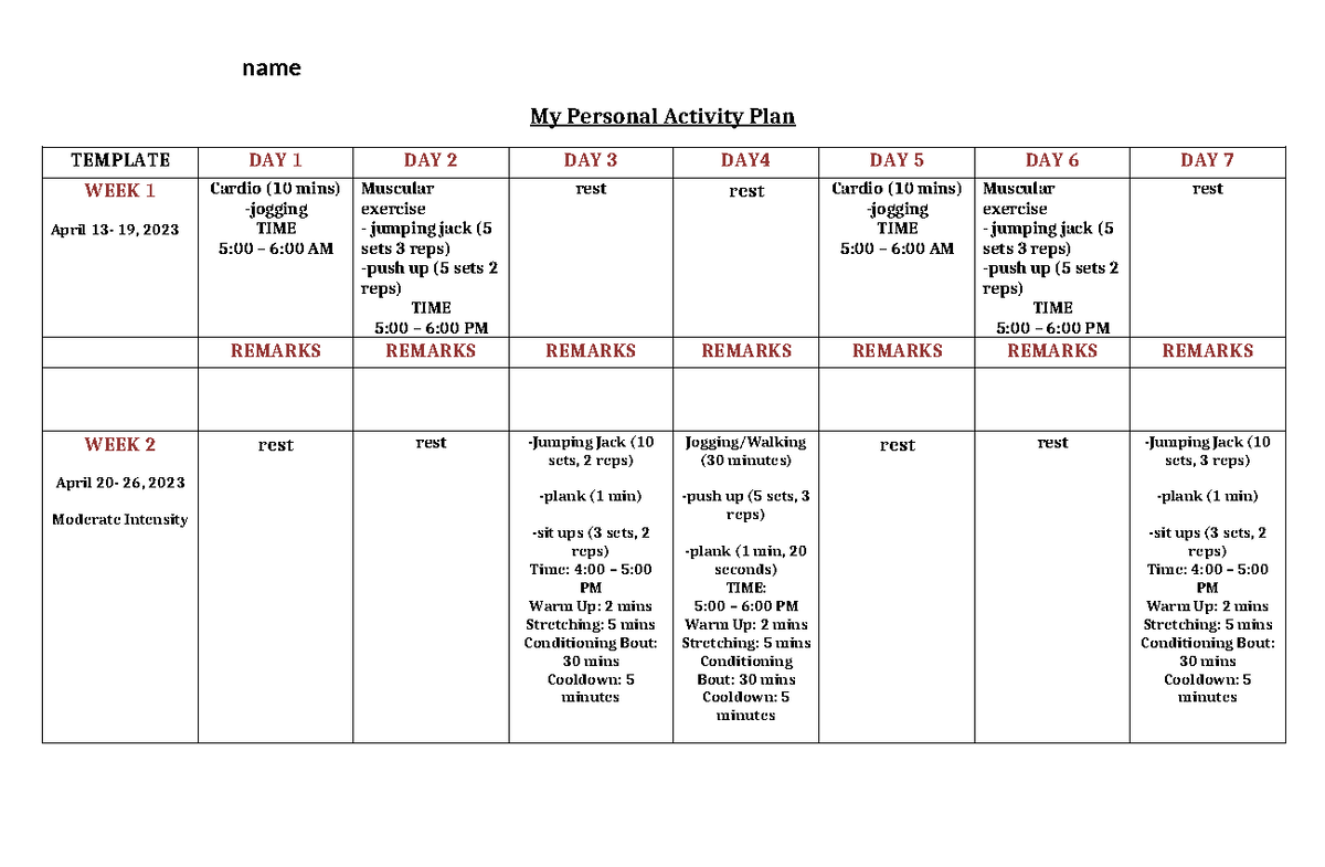 Personal activity plan - name My Personal Activity Plan TEMPLATE DAY 1 ...