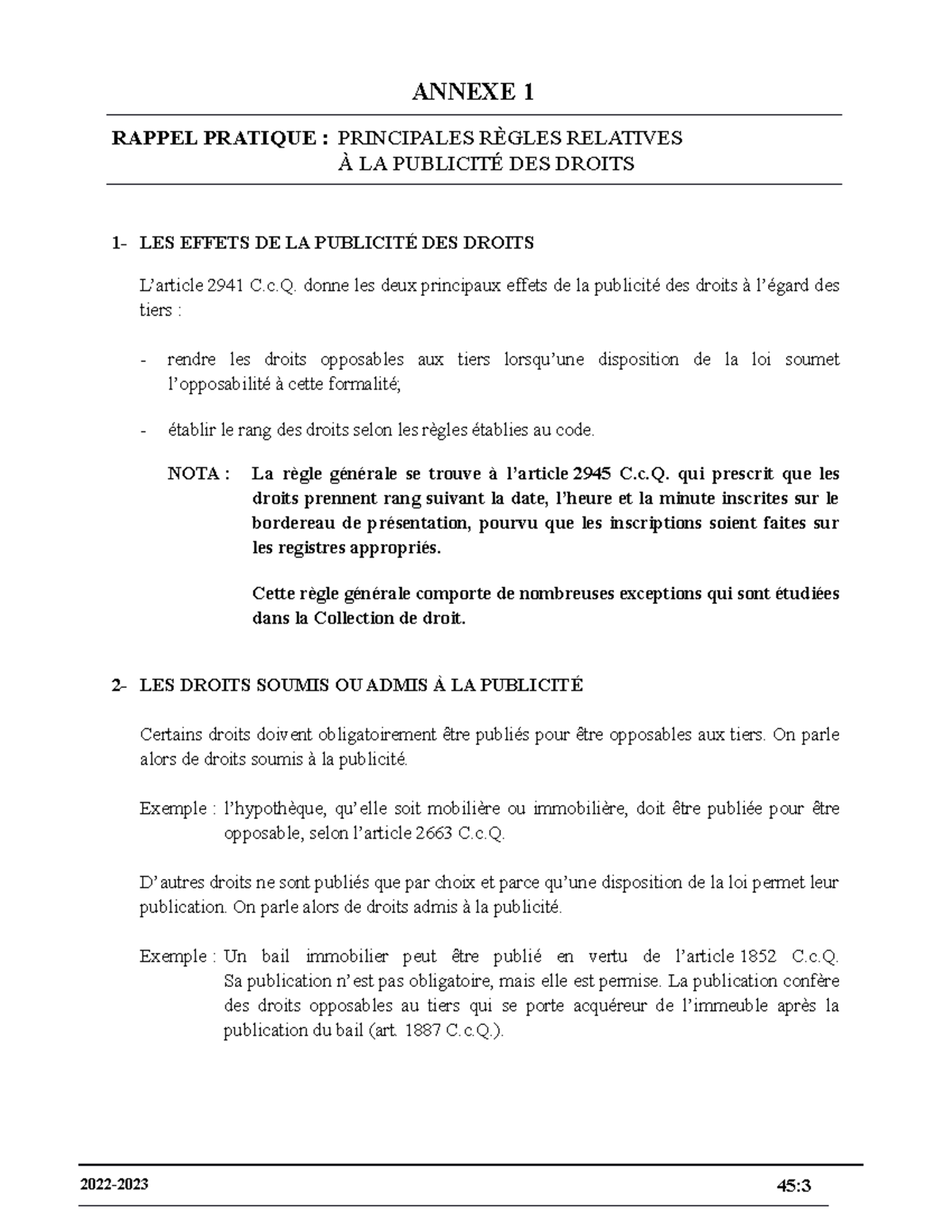 Annexe 1 - Rappel pratique - Règles relatives publicité des droits ...