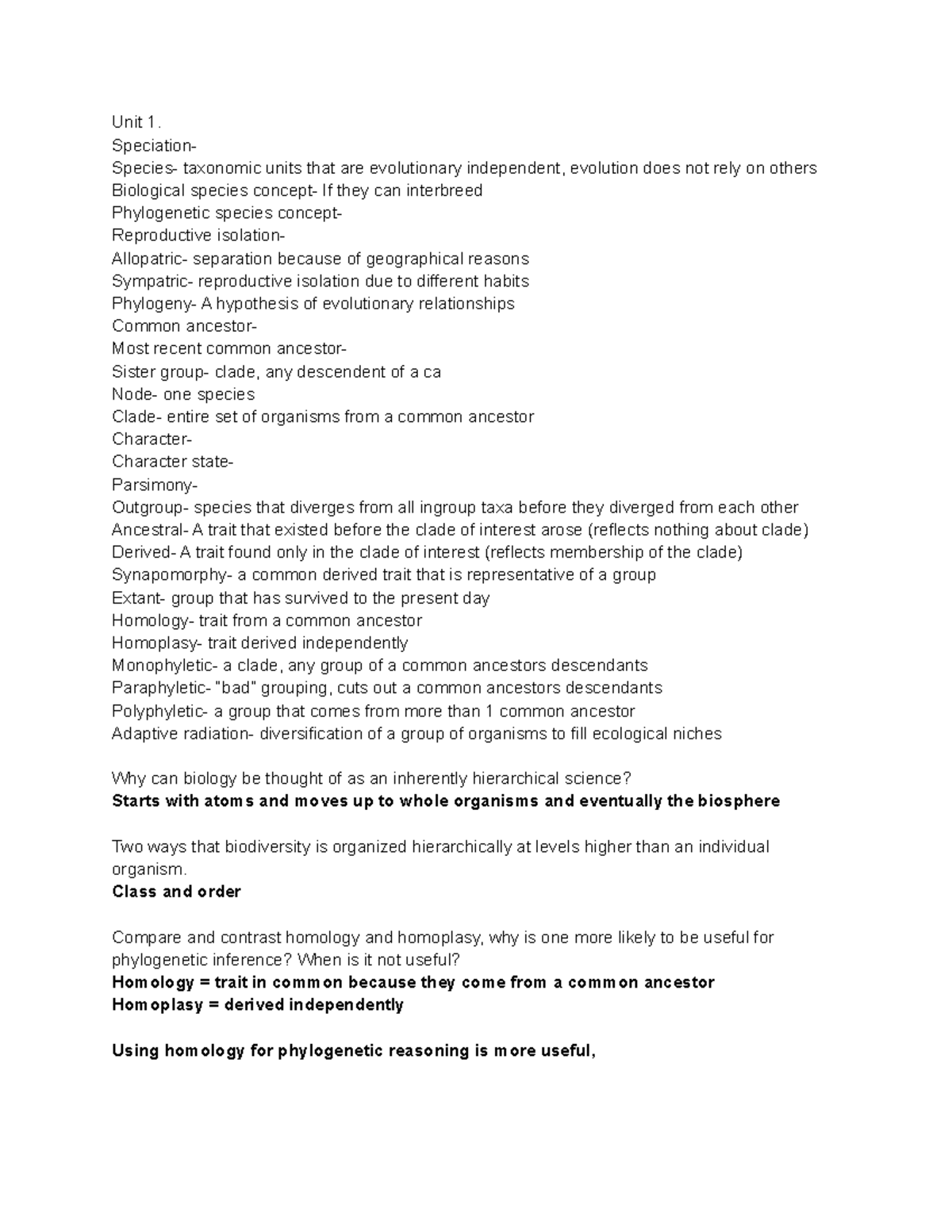 Bio exam study guide for exam 1 - Unit 1. Speciation- Species ...