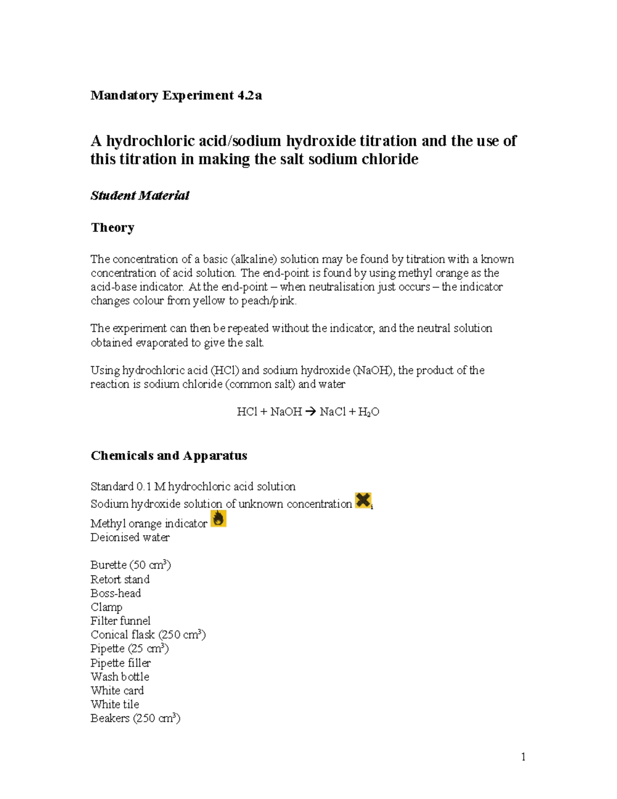 4.2a complete 0 - Mandatory Experiment 4 A hydrochloric acid/sodium ...