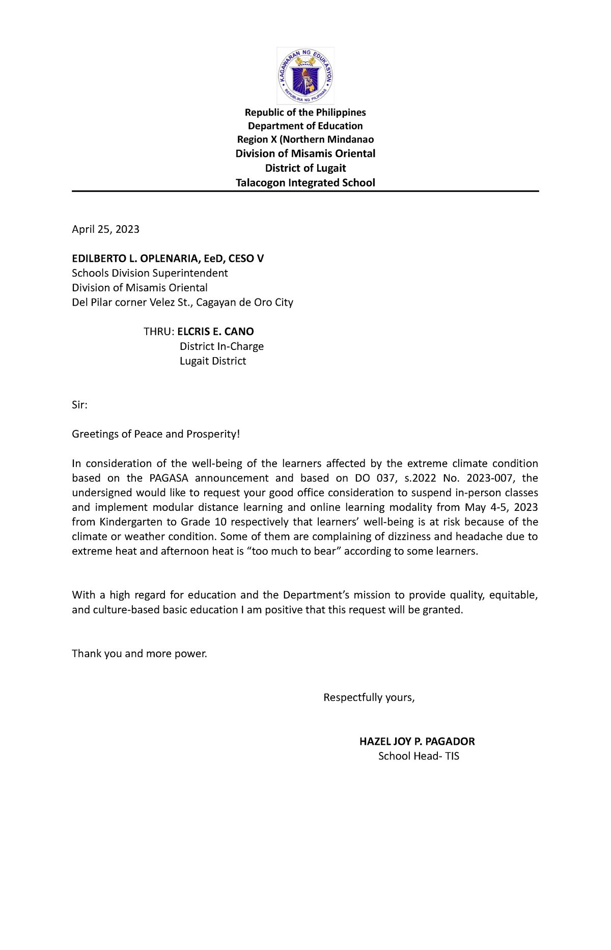 Letter to SDS - wkglwmlkwemklgw - Republic of the Philippines ...