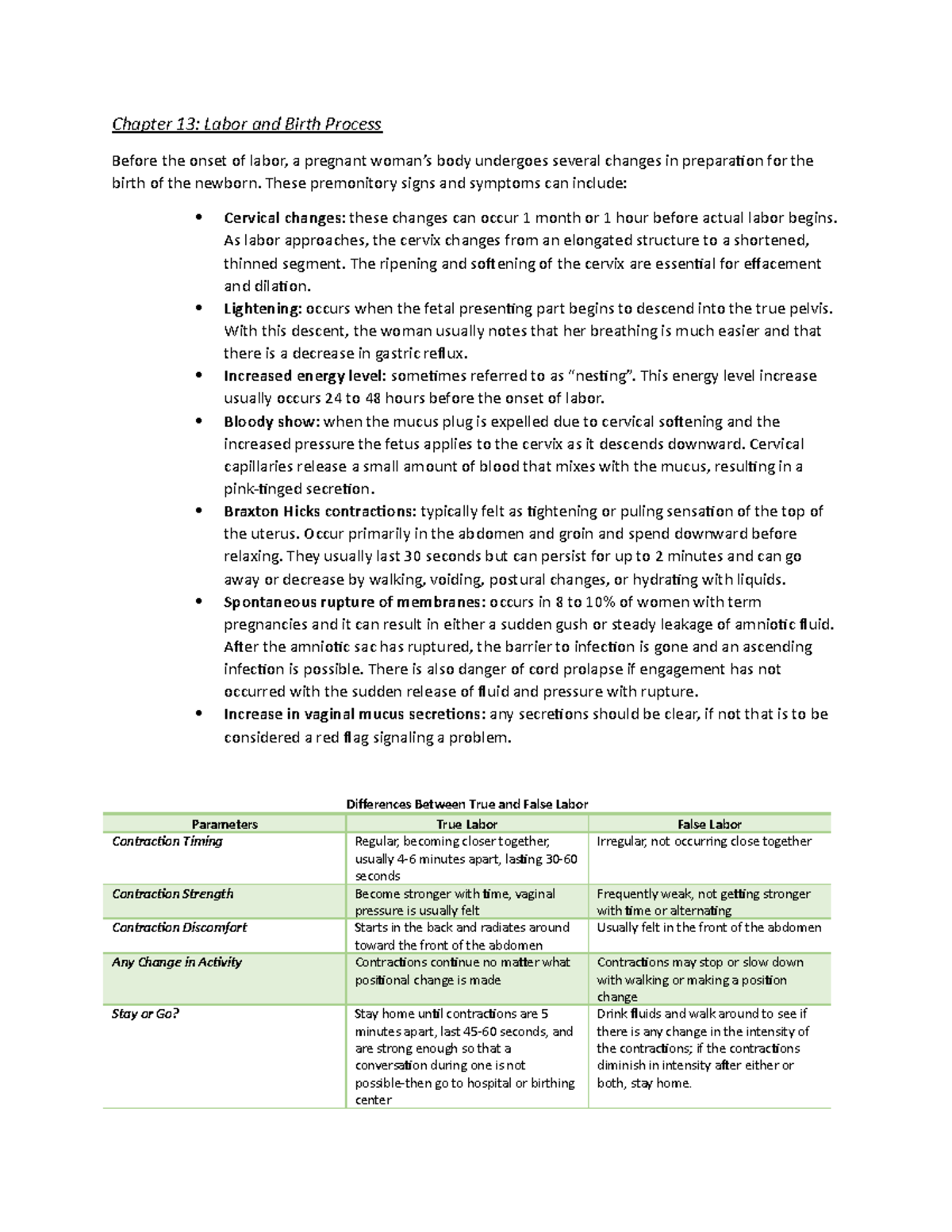 Chapter 13 - Chapter 13: Labor and Birth Process Before the onset of ...