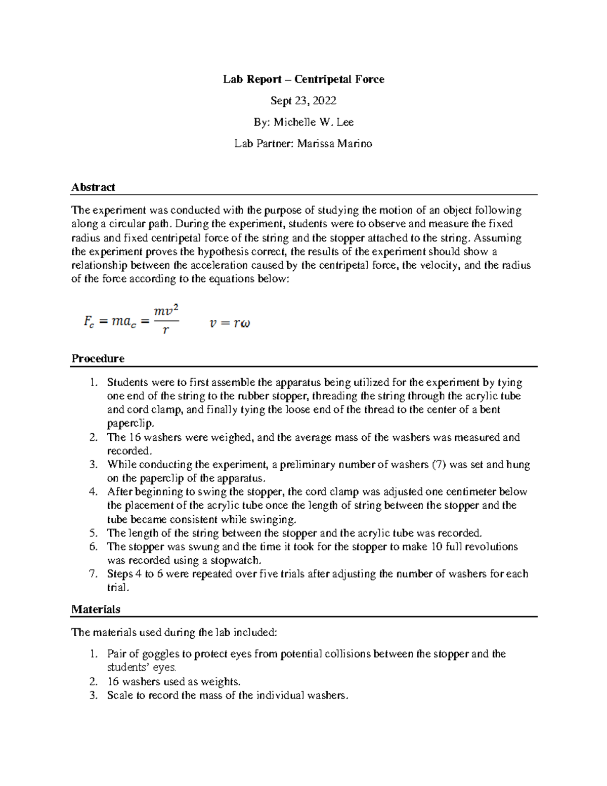 Lab Report1 Lab 1 Centripetal Force Lab Report Centripetal