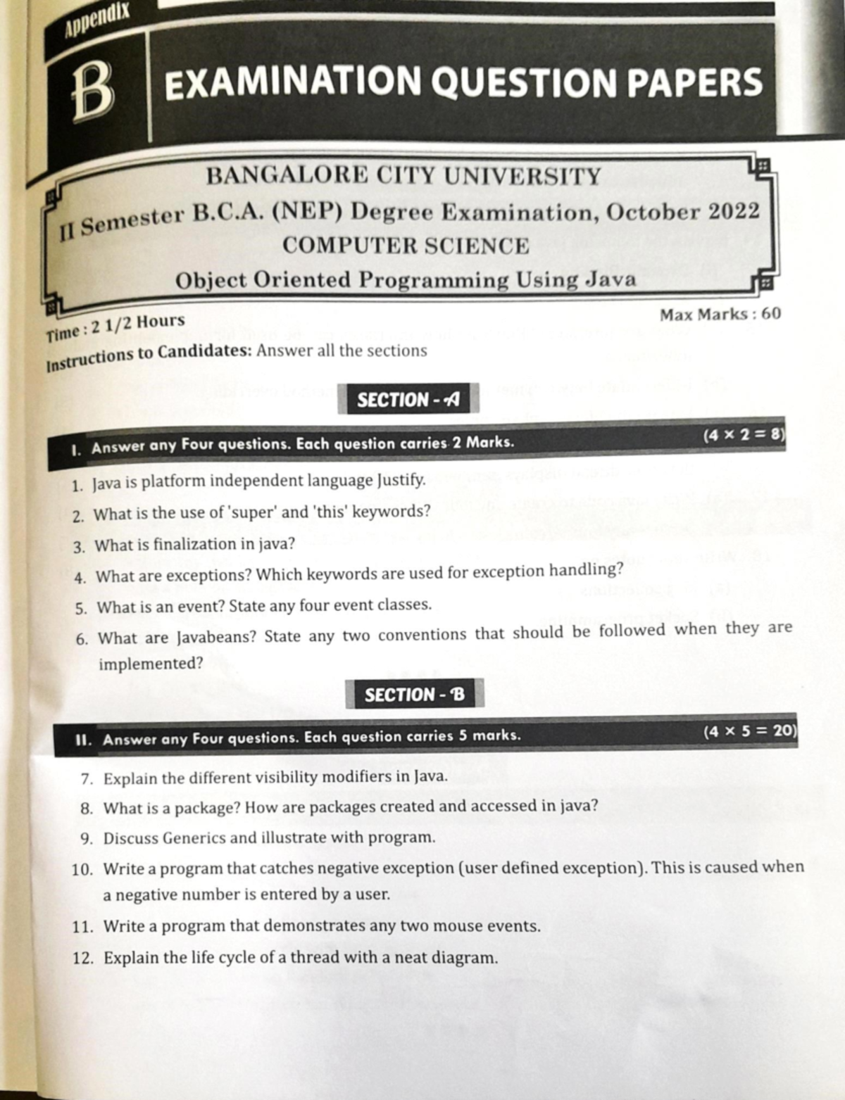 Java Oops model paper - AppendlX EXAMINATION QUESTION PAPERS BANGALORE ...