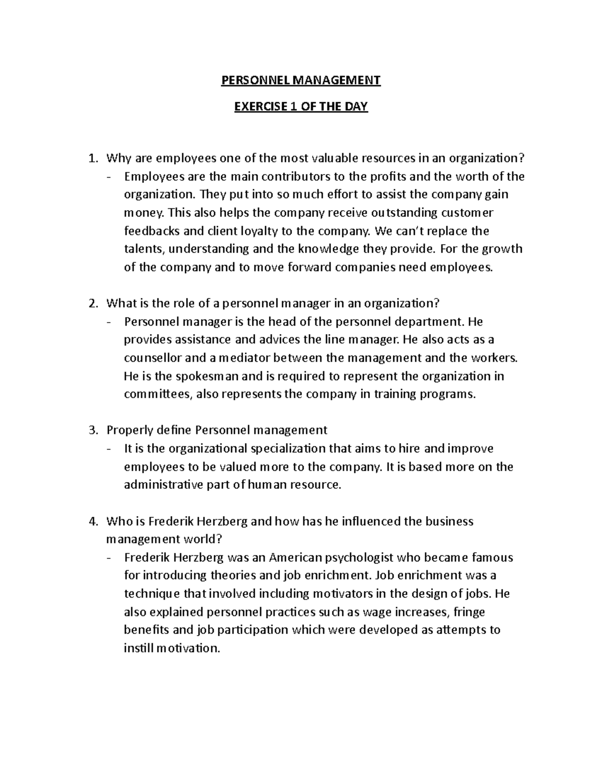 Personnel Management Ex PERSONNEL MANAGEMENT EXERCISE 1 OF THE DAY