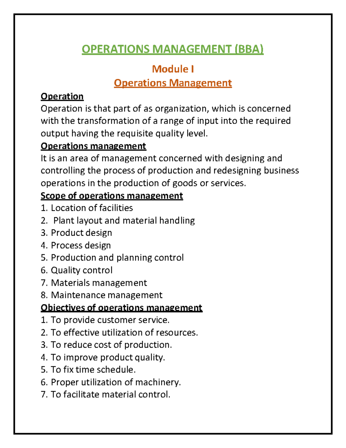 Operations Management - Module I - OPERATIONS MANAGEMENT (BBA) Module I ...