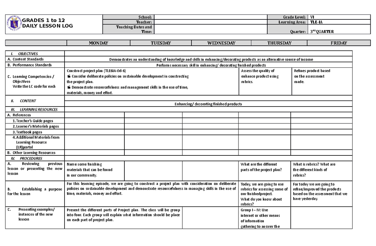 Lesson LOG-TLE-IA 6 Q3 W4 - GRADES 1 to 12 DAILY LESSON LOG School ...