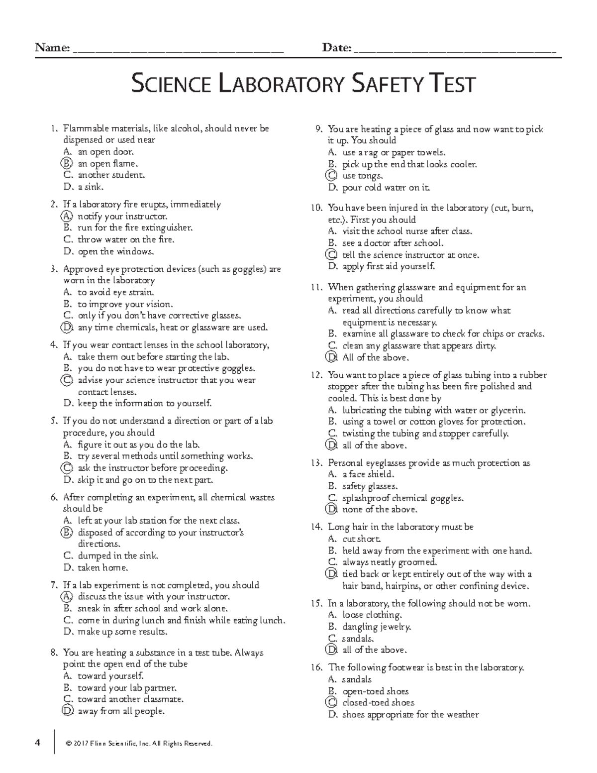 1718 Answers lab safety 4 © 2017 Flinn Scientific, Inc. All Rights