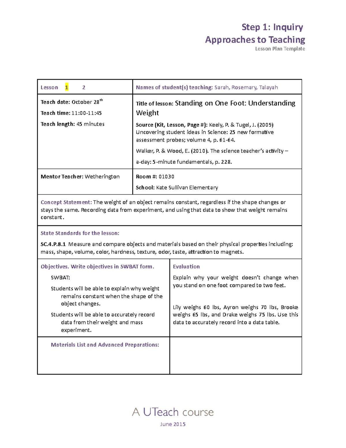 Lesson Plan 1 - Step 1: Inquiry Approaches to Teaching Lesson Plan ...