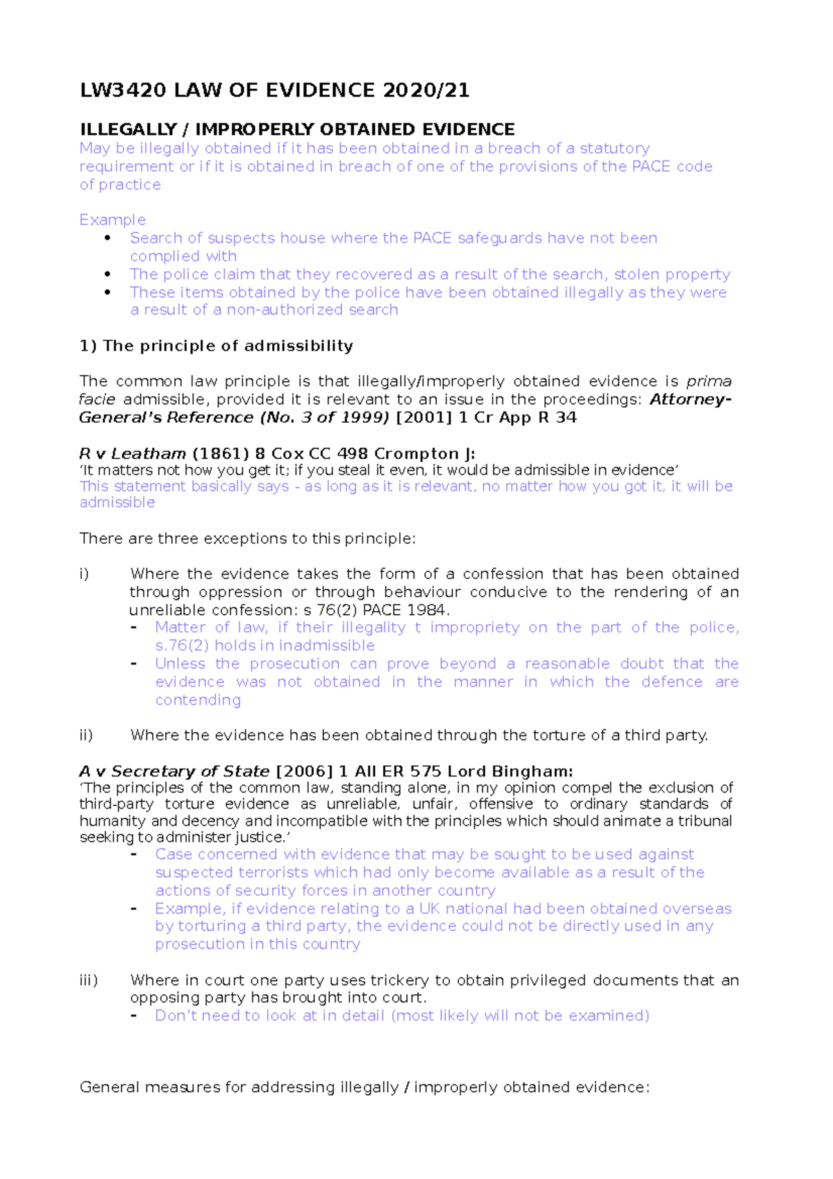 Illegally & improperly obtained evidence LW3420 LAW OF EVIDENCE 2020