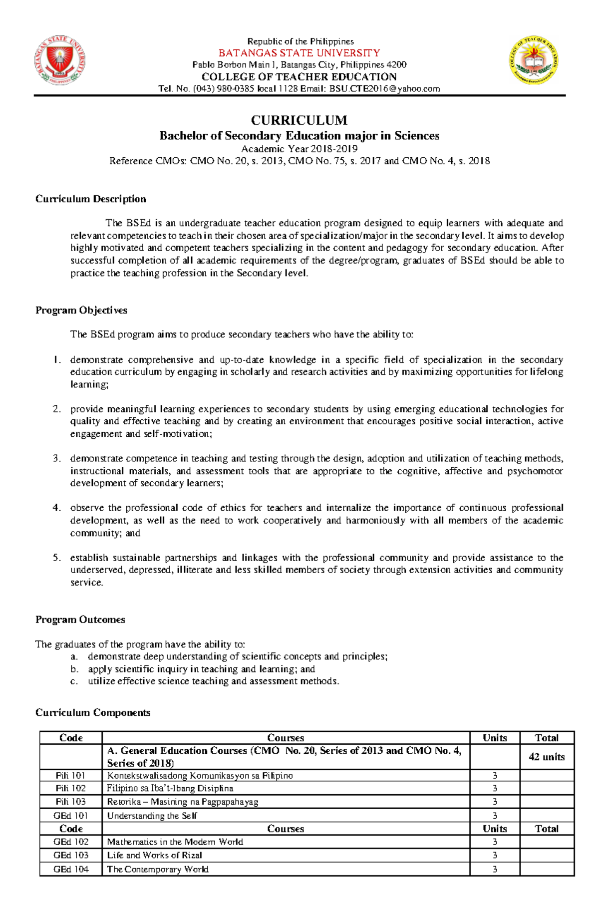 Bachelor of Secondary Education major in Sciences - Republic of the ...