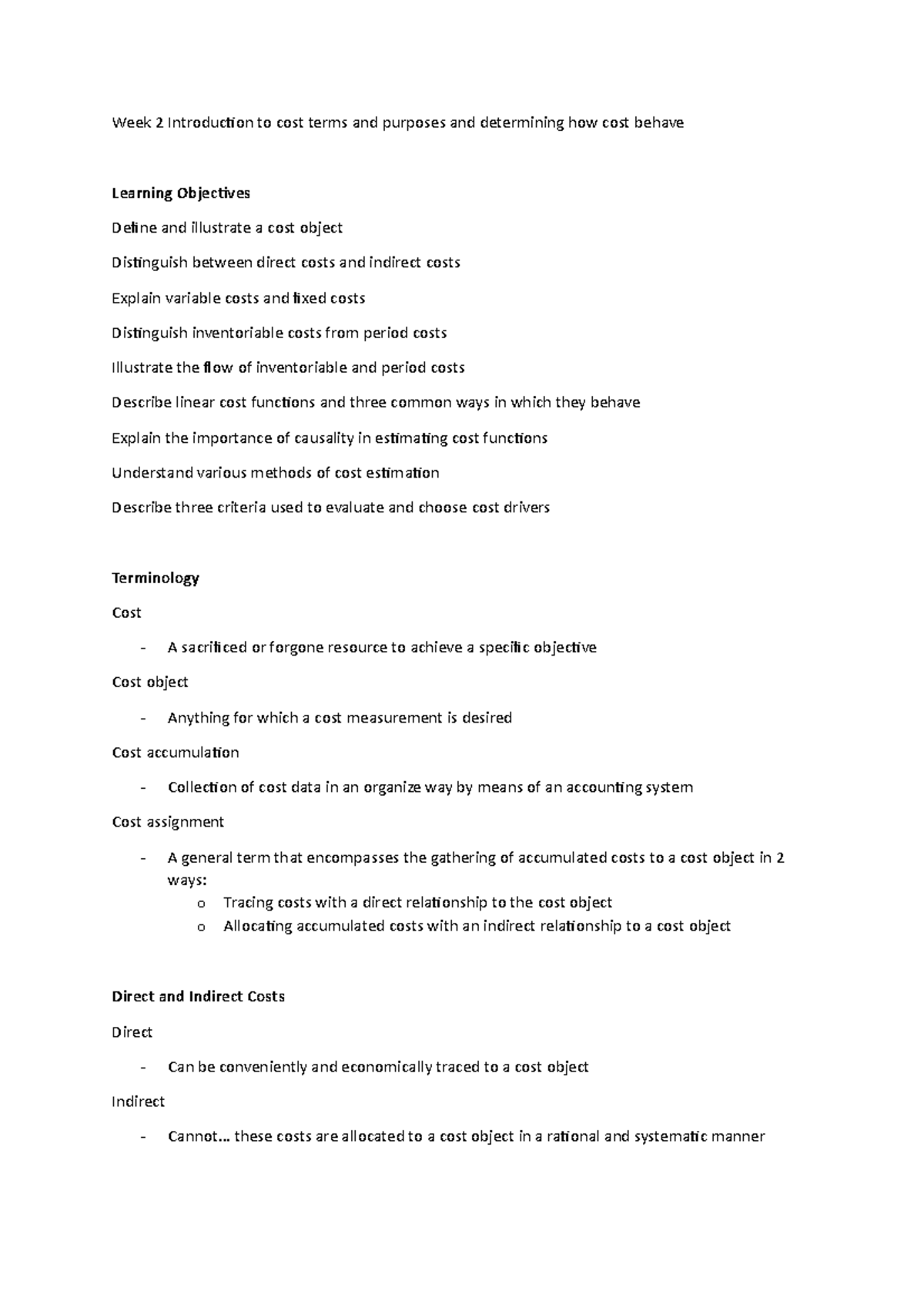 Week 2 Introduction to cost terms and purposes and determining how cost ...