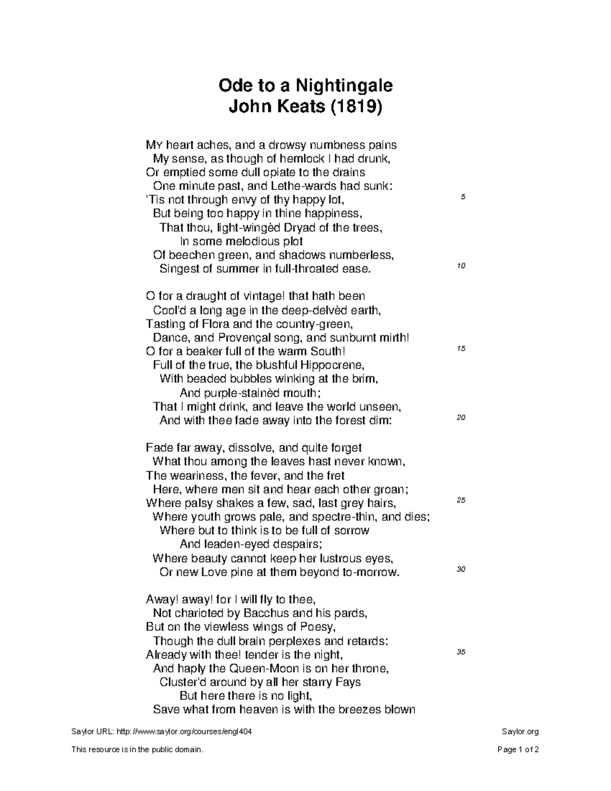 ENGL404 Keats Ode to a Nightingale - Ode to a Nightingale John Keats ...