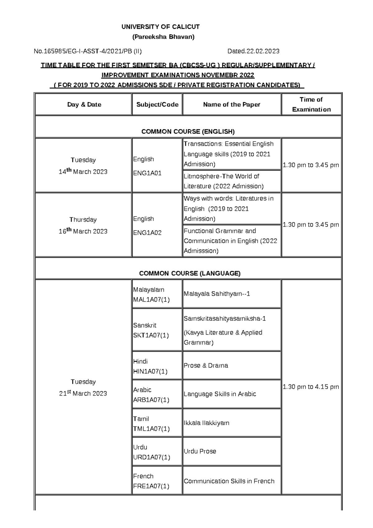 First Semester BA November 2022 - UNIVERSITY OF CALICUT (Pareeksha ...