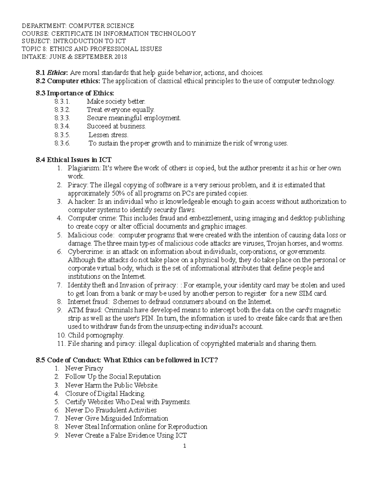 ICT Ethics and Professional Issues - DEPARTMENT: COMPUTER SCIENCE ...