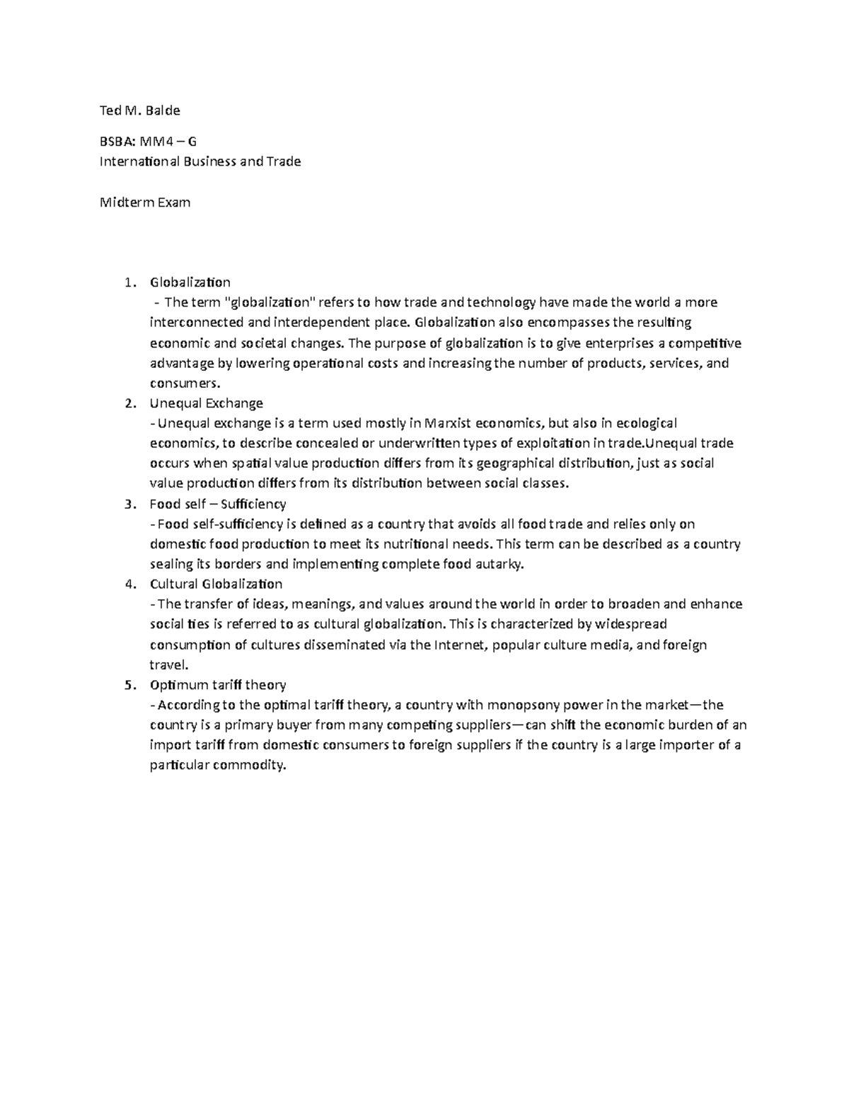 Midterm IBT - Ted M. Balde BSBA: MM4 – G International Business and ...
