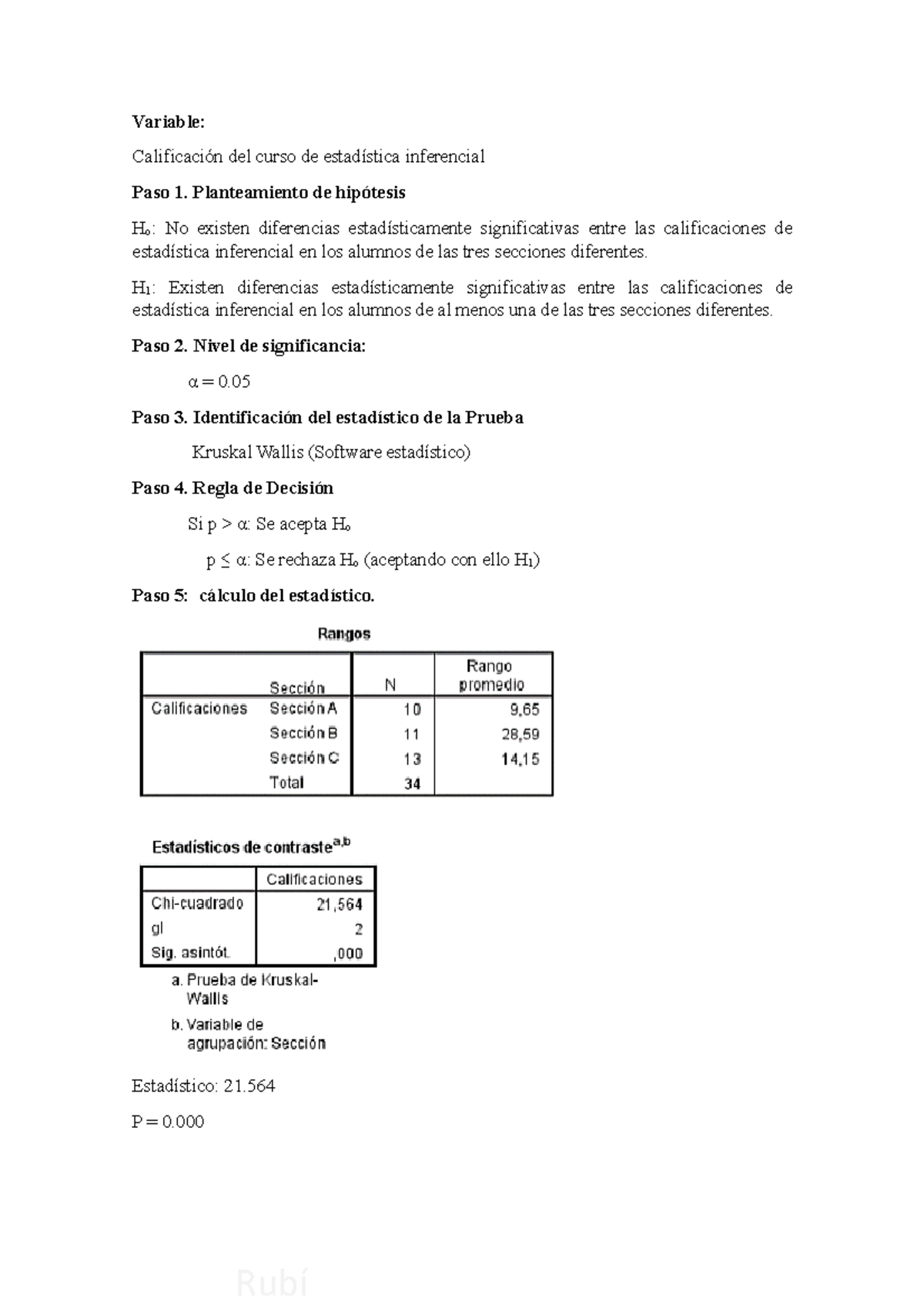 Kruskall Wallis - Variable: Calificación Del Curso De Estadística ...